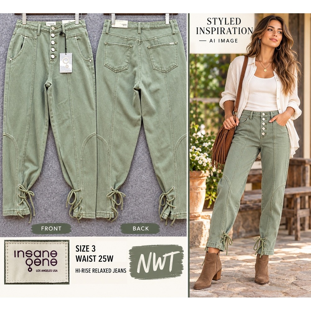 Insane Gene Relaxed Jeans Womens 3 25W Sage Green NWT High Rise Lace Up Boho